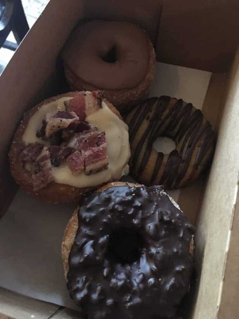 overhead view of box of donuts