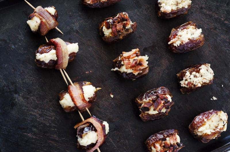 angled view of 3 rows of dates with bacon served 3 ways