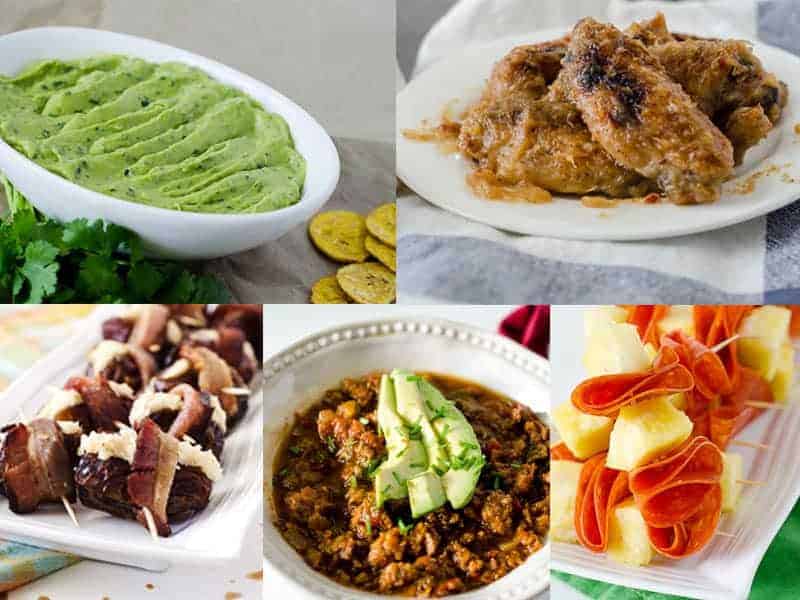 paleo super bowl recipes collage photo of dip, wings, chili and appetizers