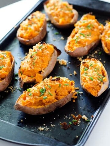 baking sheet with twice baked sweet potatoes