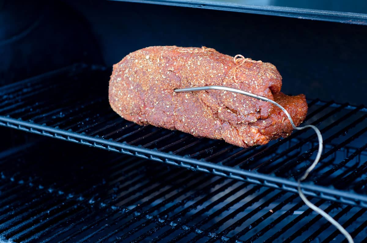 Pork butt on the Traeger with thermometer in it