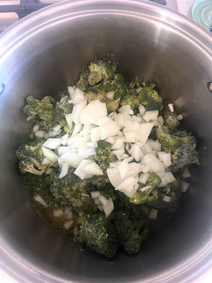 overhead view of broccoli and onion in stockpot