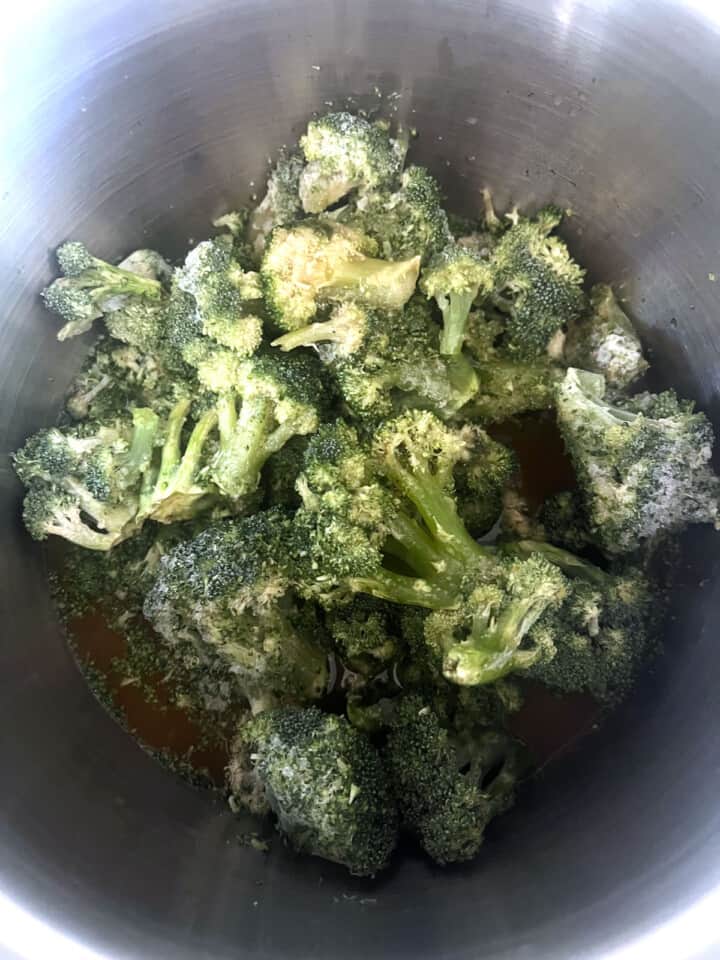 frozen broccoli and vegetable broth in pot