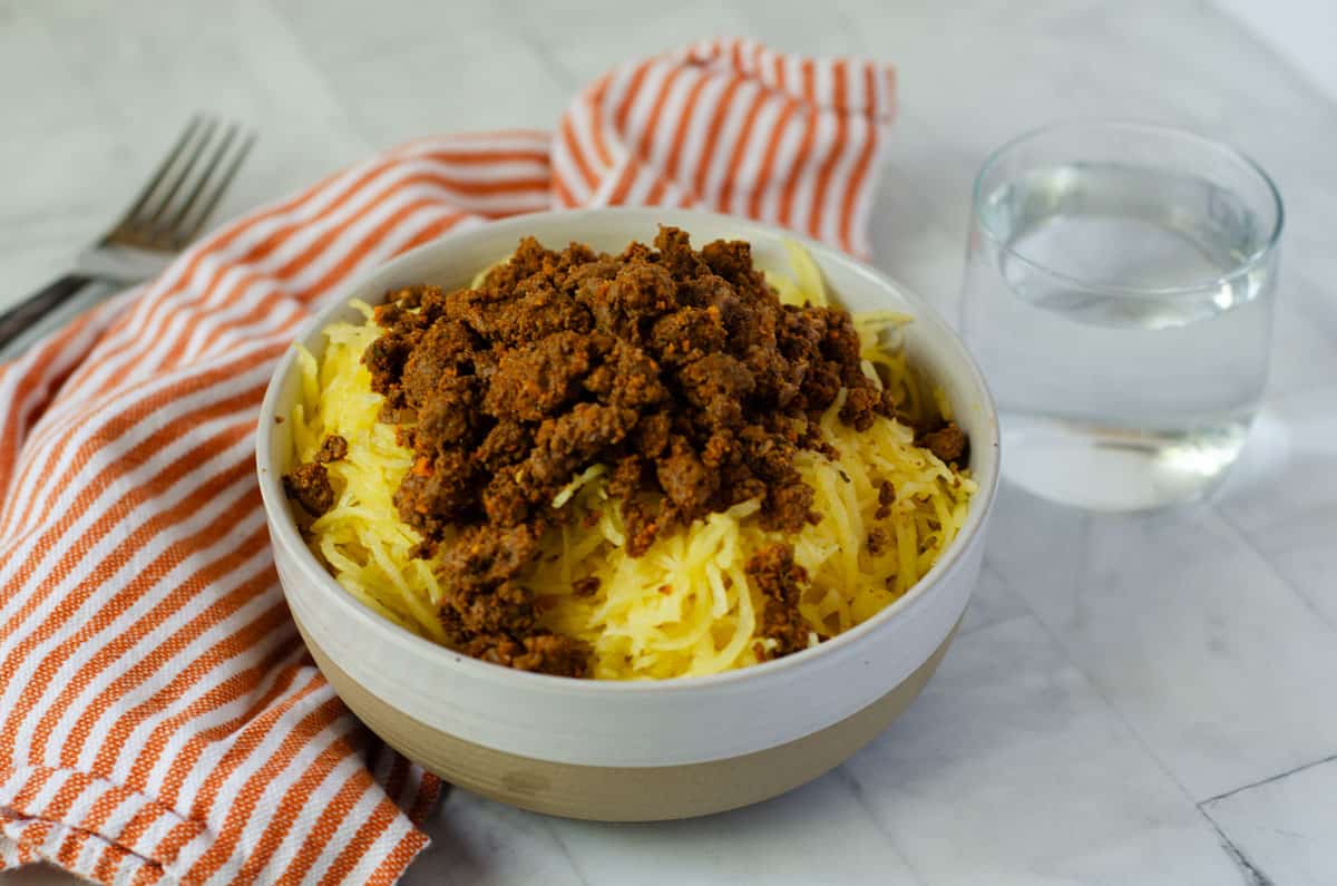 bowl of spaghetti squash topped with taco meat